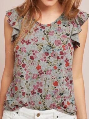 Anthropologie Floral Ruffle Tank